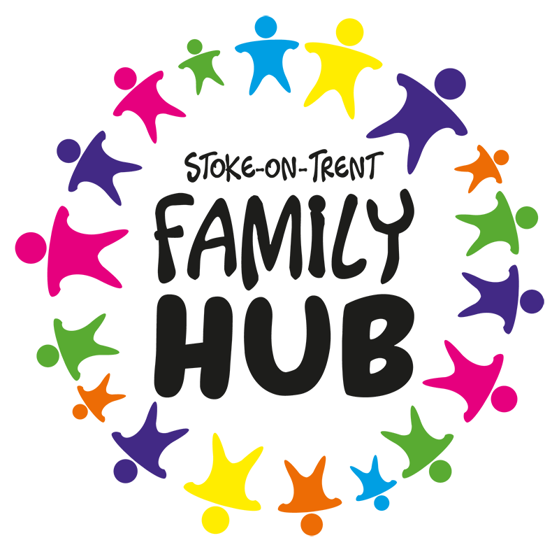 Stoke-on-Trent Family hub logo, text surrounded by colourful cartoon people